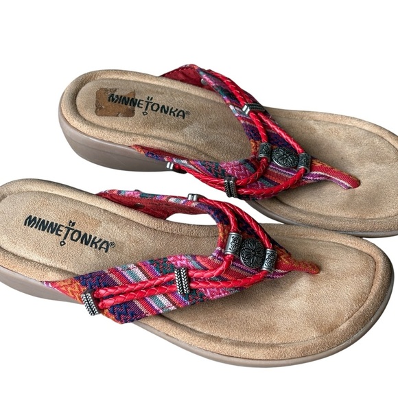 Minnetonka Silverthorne 360 Red Striped Womens Thong Sandals Size 6 Southwestern - Picture 2 of 10
